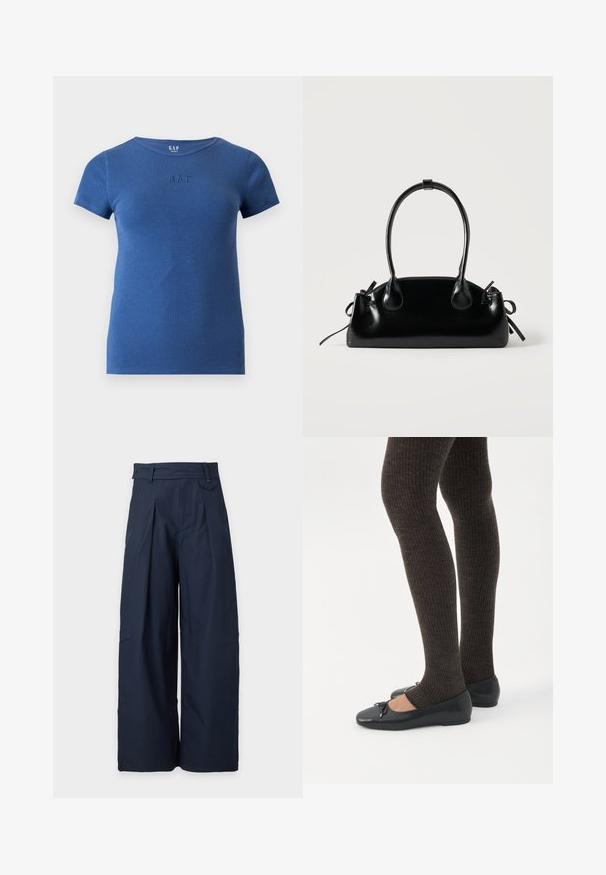 T-shirt bleu côtelé à manches courtes avec col rond et petit logo GAP embossé sur la poitrine.; Pantalon large bleu marine avec plis, passants pour ceinture et taille haute, présenté sur un fond clair uni.; Jambes portant des leggings côtelés foncés associés à des ballerines noires avec de petits détails en nœud sur fond blanc.; Petit sac à main noir brillant avec deux longues anses et des détails à cordon sur les côtés sur un fond clair uni.