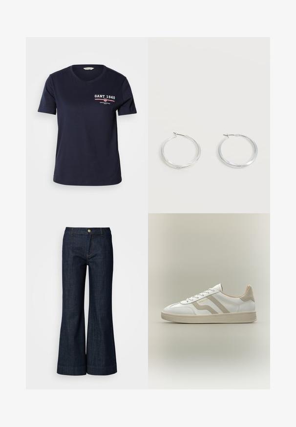 Camiseta de algodón azul marino con escote en V y mangas cortas, que presenta el texto del logo en blanco y rojo "GANT 1949" y detalles de diseño en el lado izquierdo del pecho.; Jeans de mezclilla de lavado oscuro con un diseño acampanado, que cuentan con cierre de botón, costuras naranjas y dobladillos vueltas. Textura suave y estilo clásico.; Zapatilla blanca de caña baja con detalles beige, cordones y suela texturizada, con el nombre de la marca "GANT" en el lateral.; Pendientes de aro de metal plateado con superficie lisa y ligeramente curvada y cierre de tipo mosquetón sobre un fondo blanco liso.