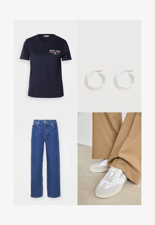 Camiseta de algodón azul marino con escote en V y mangas cortas, que presenta el texto del logo en blanco y rojo "GANT 1949" y detalles de diseño en el lado izquierdo del pecho.; Jeans de mezclilla azul de pierna ancha con una cintura alta, con cierre de cremallera y botón, presillas para el cinturón y un ligero desgaste en la tela.; Zapatillas blancas con detalles de ante, cordones texturizados y suela de goma. Combinadas con un pantalón suelto en tono marrón claro. Logo exhibido en el lateral.; Par de pendientes de aro plateados brillantes de tamaño mediano con cierres metálicos finos sobre un fondo neutro claro.
