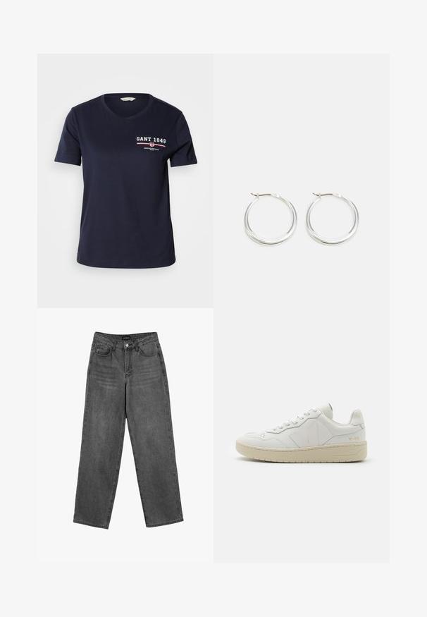 Marineblaue Baumwoll-T-Shirt mit V-Ausschnitt und kurzen Ärmeln, versehen mit weißem und rotem Logo-Text "GANT 1949" und Designelementen auf der linken Brust.; Schwarze hochtaillierte Straight-Leg-Jeans mit vorderem Knopf und Taschen, auf einem weißen Hintergrund präsentiert.; Weiße Leder-Sneaker mit perforiertem Zehenbereich, kontrastierender beiger Gummisohle und Logoplaketten an der Seite und Ferse. Minimalistisches Design.; Silberne Creolen zeichnen sich durch ein glattes, rundes Design mit einem schlanken Profil und einem sicheren Verschluss aus. Minimalistischer Stil mit glänzender Oberfläche.