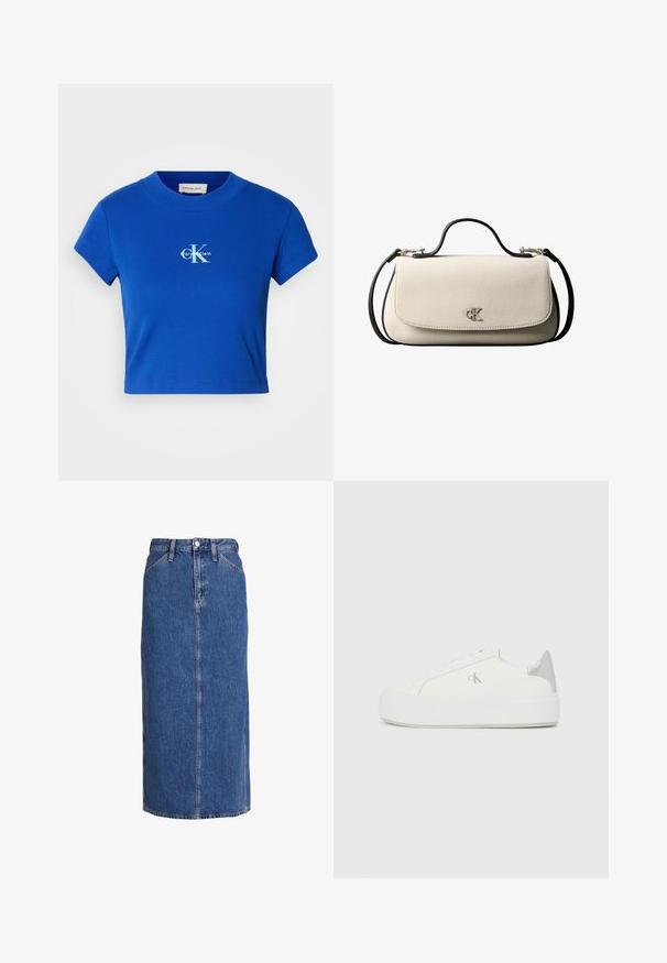 Camiseta corta de color azul brillante con un logo blanco de "CK" y el texto "Calvin Klein", mangas cortas y cuello redondo.; Falda midi de mezclilla en azul medio con corte recto, cierre delantero de botones, dos bolsillos laterales y costuras visibles para dar textura.; Zapatillas de lona blancas con una suela blanca gruesa, presentan un acento metálico plateado en el talón y un sutil detalle del logo en el lateral.; Bolso rectangular de color crema con correa y asa negras, cierre frontal con solapa y pequeño logo plateado "cK" en el centro del frente.