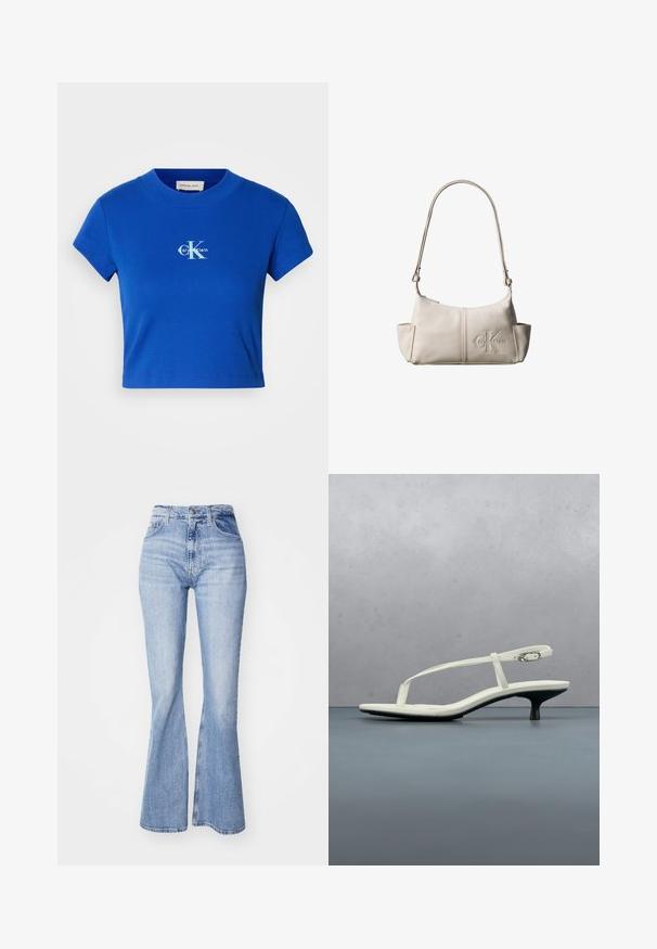 Helles blaues, kurzes T-Shirt mit einem weißen "CK"-Logo und dem Schriftzug "Calvin Klein", kurzen Ärmeln und rundem Ausschnitt.; Hellblaue Schlagjeans aus Denim mit hoher Taille, Fünf-Taschen-Design und dezentem Verblassen entlang der Beine.; Weiße Riemchenpantolette mit kitten heel und spitz zulaufender Zehenpartie, schwebt über einem Holzkachelboden im Freien mit verschwommenem Pflanzen- und Wandhintergrund.; Kleine beige Leder-Schultertasche mit verstellbarem Riemen und geprägt Calvin Klein-Logo vorne in der Mitte.