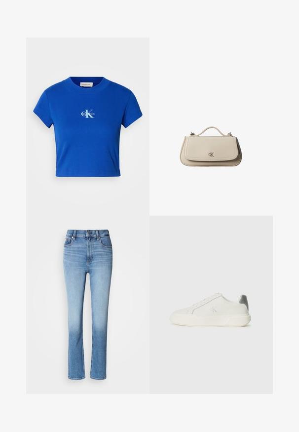 Lyseblå cropped t-shirt med et hvidt "CK" logo og teksten "Calvin Klein", korte ærmer og rund halsudskæring.; Blå denimjeans med høj talje, lige ben-design, falmede farvegradient og fem-lomme stil. Metalknap- og lynlås-lukning.; Hvide sneakers lavet af læder med en glat tekstur, forsynet med en sølvaccent på hælen, flad sål og minimalistisk design.; Lille beige læderhåndtaske med top håndtag og sølv CK-logo på frontklap, vist mod en hvid baggrund.