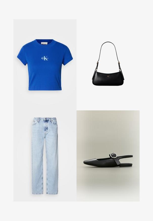 Svetlo modré skrátené tričko s krátkymi rukávmi a okrúhlym výstrihom, ktoré má biele logo "CK" a text "Calvin Klein".; Svetlomodré široké džínsy vyrobené z denimu, s vysokým pásom, vyblednutým umývaním a jemným vzorom batikovania na prednej strane.; Čierna plochá obuv so špicatou špičkou a striebornou prackou na neutrálom pozadí.; Čierna kožená mini kabelka cez rameno s tenkým remienkom a malým zlatým logom CK v strede na prednej strane.