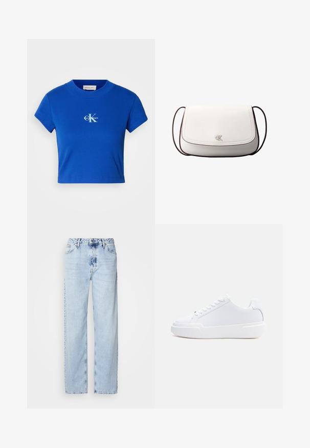Camiseta corta de color azul brillante con un logo blanco de "CK" y el texto "Calvin Klein", mangas cortas y cuello redondo.; Jeans de pierna ancha en azul claro, confeccionados en denim, con una cintura alta, un lavado desgastado y un sutil patrón de tie-dye en la parte delantera.; Zapatilla blanca de corte bajo con cierre de cordones, suela gruesa y parte superior lisa, mostrada desde el lado exterior sobre un fondo claro y sencillo.; Bolso bandolera blanco con cierre de solapa, pequeño logo plateado "cK" centrado y correa ajustable delgada de color marrón oscuro.