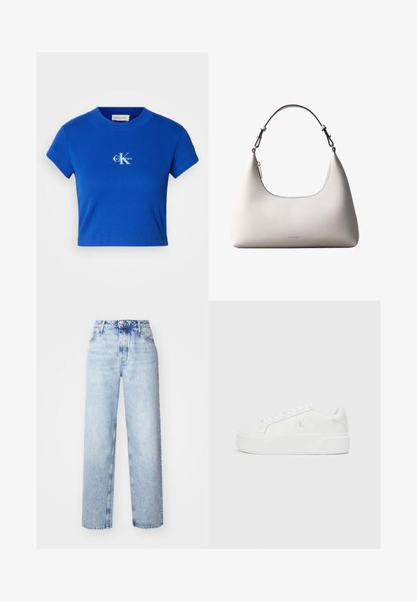 Helles blaues, kurzes T-Shirt mit einem weißen "CK"-Logo und dem Schriftzug "Calvin Klein", kurzen Ärmeln und rundem Ausschnitt.; Hellblaue High-Waist-Jeans mit lockerer Passform, geradem Bein, fünf Taschen und klassischem Knopf- und Reißverschluss.; Weiße Plattform-Sneaker mit einem glatten Leder-Obermaterial, abgerundetem Zehenbereich, weißen Schnürsenkeln und dezentem Logo-Detail an der Seite. Flache Gummisohle.; Cremefarbene Calvin Klein Lederschultertasche mit gebogener Oberkante, silbernem Reißverschluss und dunkelbraunem verstellbarem Riemen.
