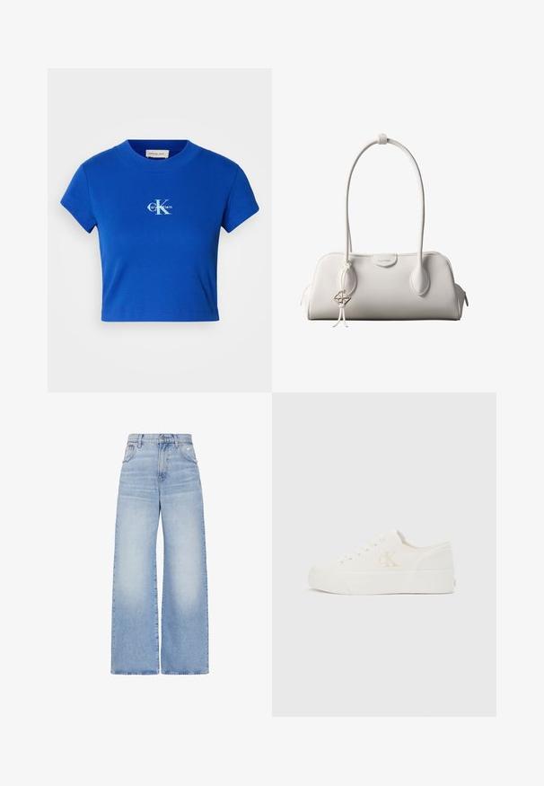 Helles blaues, kurzes T-Shirt mit einem weißen "CK"-Logo und dem Schriftzug "Calvin Klein", kurzen Ärmeln und rundem Ausschnitt.; Hellblaue Jeans mit hoher Taille und weitem Bein, vorne mit Knopf- und Reißverschluss, vorderen und hinteren Taschen sowie einem leicht verwaschenen Detail an der rechten Tasche.; Weißer Sneaker mit niedrigem Schaft, dicker Sohle und seitlichem "cK"-Logo, Schnürung vorne und minimalistischem Design auf neutralem Hintergrund.; Weiße Calvin Klein Schultertasche mit langen Griffen, rechteckiger Form, Reißverschluss und dekorativem Logo-Anhänger, der in der Nähe des Griffs hängt.