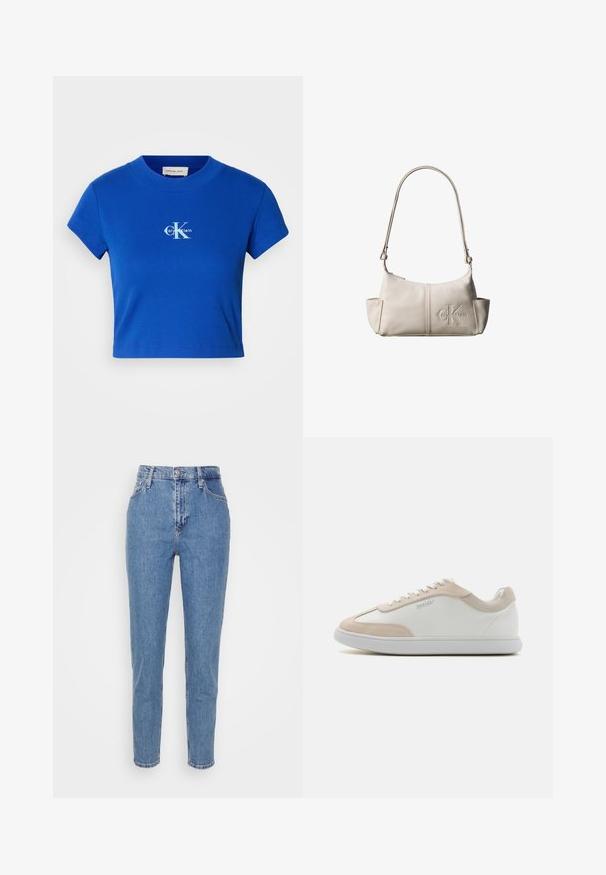 Svetlo modré skrátené tričko s krátkymi rukávmi a okrúhlym výstrihom, ktoré má biele logo "CK" a text "Calvin Klein".; Modré vysoko sohnuté rovné nohavice s predným gombíkom a zipsom, pútka na opasok a vrecká, vystavené na jednoduchom bielom pozadí.; Biele kožené tenisky s béžovými semišovými akcentmi a bielymi šnúrkami. Majú okrúhlu špičku a mäkkú podrážku pre pohodlie.; Malá béžová kožená kabelka cez rameno s nastaviteľným popruhom a vyrazeným logom Calvin Klein v prednej časti v strede.