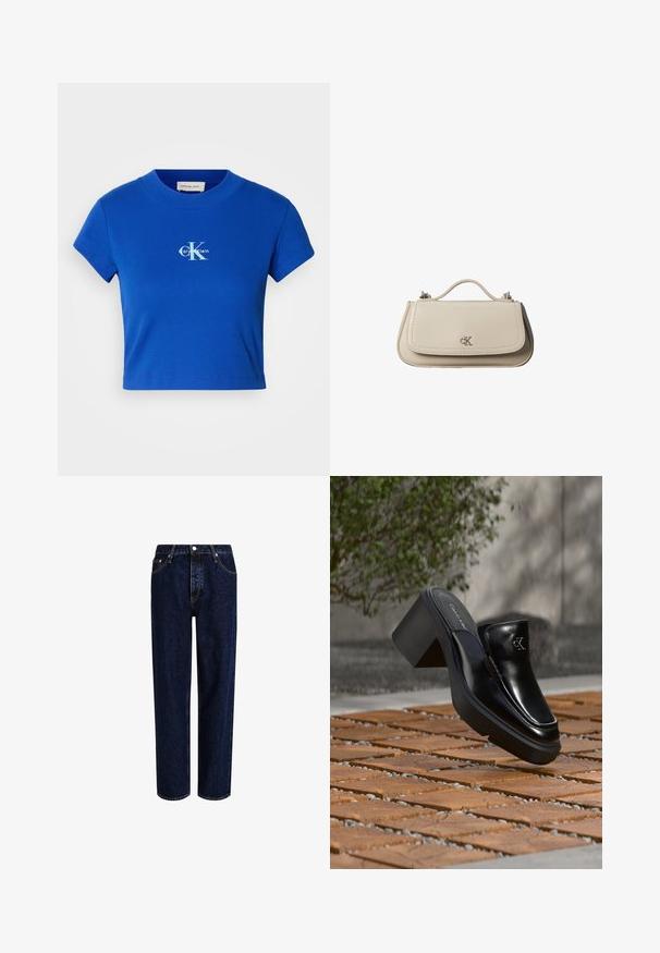 Helles blaues, kurzes T-Shirt mit einem weißen "CK"-Logo und dem Schriftzug "Calvin Klein", kurzen Ärmeln und rundem Ausschnitt.; Dunkelblaue Denim-Jeans mit geradem Bein, hoher Taille, fünf Taschen und kontrastierenden Nähten. Ohne Verzierungen.; Schwarze Leder-Slip-on-Mule von Calvin Klein mit Blockabsatz, die auf Holzfliesen im Freien nahe einer grünen Pflanze und einer grauen Wand ruht.; Kleine beigefarbene Lederhandtasche mit oberem Griff und silbernem CK-Logo auf der Frontklappe, vor weißem Hintergrund dargestellt.