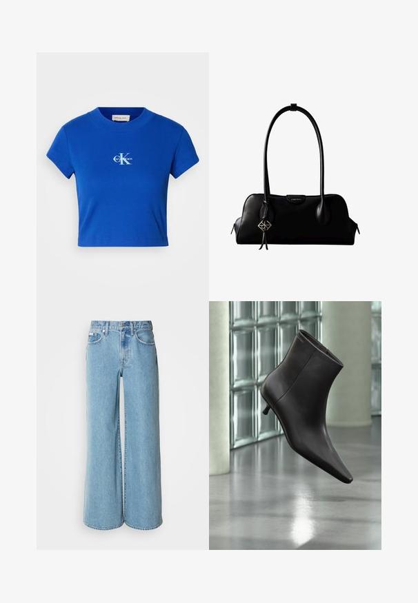 Svetlo modré skrátené tričko s krátkymi rukávmi a okrúhlym výstrihom, ktoré má biele logo "CK" a text "Calvin Klein".; Svetlomodré široké rifle vyrobené z denimu, s vysokým pásom, päticou vreciek a jemným vyblednutím na látke.; Čierna kožená členková obuv s ostrou špičkou a nízkym podpätkom, zobrazená na pozadí steny zo sklenených blokov a leštenej podlahy.; Čierna kožená kabelka Calvin Klein s dlhými rúčkami, prednou značkou s logom a strieborným geometrickým príveskom visiaci na jednej rúčke.