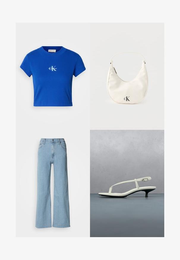 Lyseblå cropped t-shirt med et hvidt "CK" logo og teksten "Calvin Klein", korte ærmer og rund halsudskæring.; Lyseblå vidde jeans lavet af denim, med en tætsiddende talje, fem-lomme design og subtile syningsdetaljer.; Hvid sandal med stropper og kitten-hæl med spids tå, svævende over et trægulv udendørs med en sløret plante og væg i baggrunden.; Lille hvid halvmåneformet håndtaske med kort rem, lynlås og sort "cK"-logo foran.