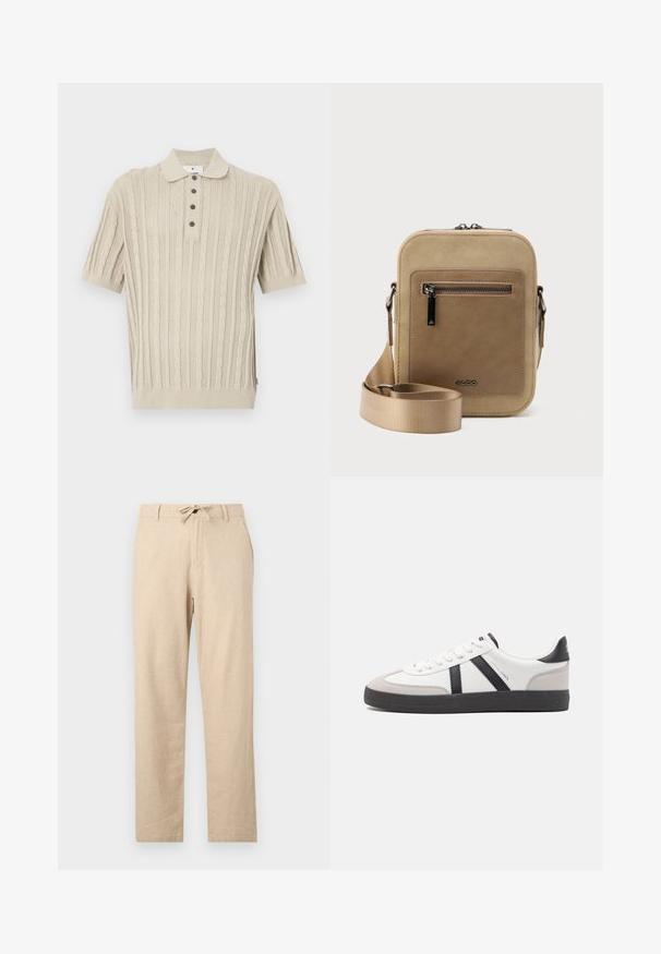 Polo beige à manches courtes avec un motif en maille torsadée texturée, trois boutons foncés au col et un ourlet côtelé.; Pantalons en lin beige clair avec taille à cordon, coupe droite, poches avant et texture lisse. Design minimaliste sans motifs.; Baskets blanches avec des accents noirs et gris, présentant un embout texturé gris, une semelle en caoutchouc noir et des lacets plats blancs. Design épuré, style minimaliste.; Petit sac bandoulière beige avec poche avant zippée, logo métallique ALDO, sangle large ajustable et forme rectangulaire arrondie sur fond blanc.
