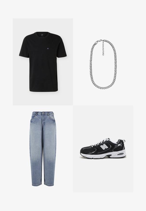 Sort T-shirt med korte ærmer og rund hals med brystlomme, der har et lille blå-hvidt GAP-logo.; Blå high-waisted løstsiddende jeans med forlommer, bæltestropper, knaplukning og falmede detaljer langs benene.; Sorte og grå sportssko med mesh og ruskind på overdelen, der har en hvid mellemsål, snørebånd og et iøjnefaldende "N" logo på siden.; Smykke med sølvfarvet curb-kæde med en lås med hummerlås og justerbar forlængerkæde på en hvid baggrund.
