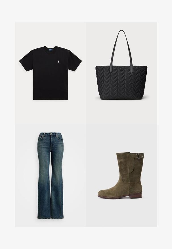 Must must lühikeste varrukatega ümara kaelusega T-särk, millel on vasakul rinnal väike valge brodeeritud Polo Ralph Laureni logo.; Kulunud sinised laiad teksad, valmistatud denimist. Kõrge vöökohaga disain klassikalise 5-taskuga stiilis ning nähtavate õmblusdetailidega.; Olive rohe nahk kingad, millel on ümmargune varvas, õmmeldud disain ja metallist pannal küljel. Paks pruun konts.; Must tikitud must käekott kalasaba mustriga, millel on kaks pikka musta rihma ja esiküljel logodetail. Pehme kangas ja struktureeritud kuju.