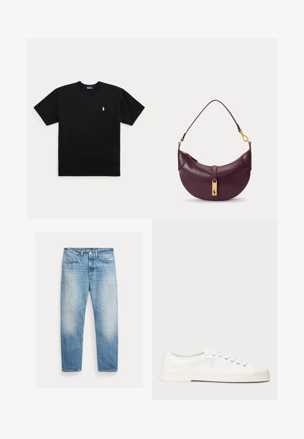 Must must lühikeste varrukatega ümara kaelusega T-särk, millel on vasakul rinnal väike valge brodeeritud Polo Ralph Laureni logo.; Heledat sinist pleekinud sirget lõikega teksapüksid esitaskute, nööpide ja tõmblukuga ning kergelt kulunud paremal reiel.; Valge kanga tennisetoss, millel on ümmargune varvas, ketti sulgemine ja peen logo detail. Omab tekstuurset kangast ja kummist talla.; Väike tumelilla nahast õlakott kuldse tõmblukuga ja kuldse ristküliku kujulise logomärgiga esimesel rihmal.