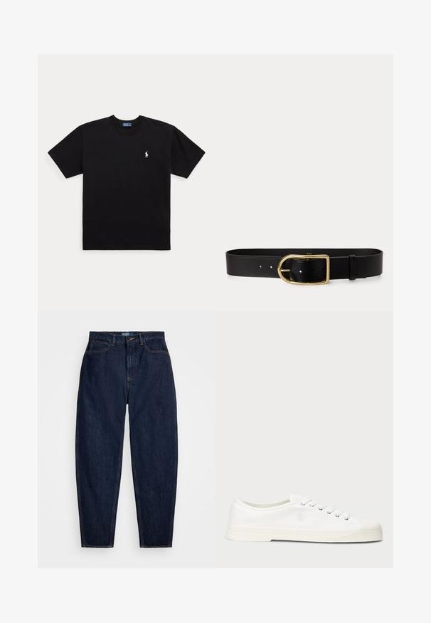 Sort T-shirt med korte ærmer og rund halsudskæring med lille hvidt broderet Polo Ralph Lauren-logo på venstre bryst.; Mørkeblå denim jeans med lige pasform, der har orange syninger, en forreste knaplukning og fem lommer.; Hvide lærredssneakers med rund tå, snørelukning og diskret logo-detalje. Har en tekstureret overflade og gummisål.; Sort læderbælte med stor guldfarvet rektangulær spænde og flere justeringshuller, lagt fladt på en hvid baggrund.