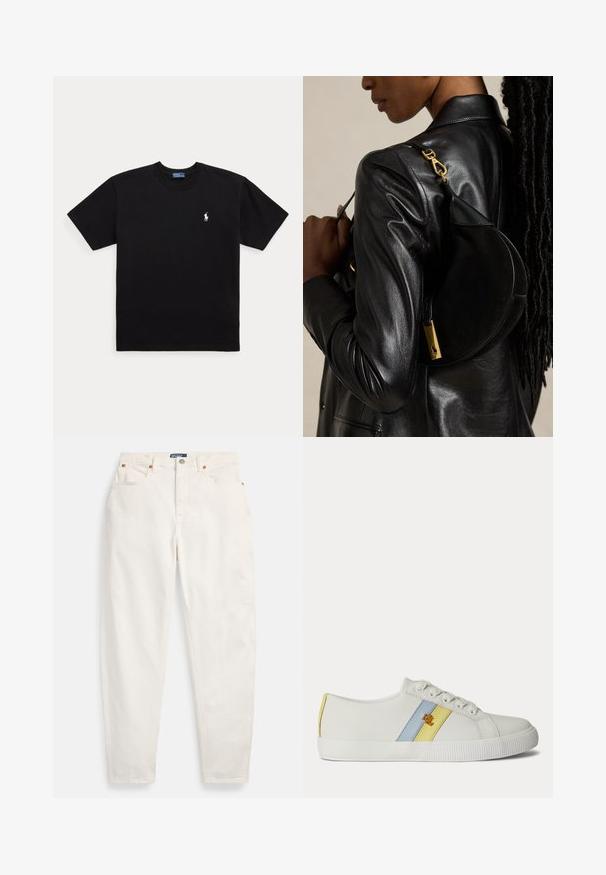 Must must lühikeste varrukatega ümara kaelusega T-särk, millel on vasakul rinnal väike valge brodeeritud Polo Ralph Laureni logo.; Valged kõrge vöökohaga sirge säärega teksad ees lukustuse ja nööbiga, viie taskuga ning Polo kaubamärgiga sildiga vööjoonel.; Valged madala säärega tossud, siniste ja kollaste küljetripudega ning väikese kuldse logoga, varustatud valgete paelte ja tekstuurse kummitaldaga.; Musta nahktagi kandva inimene kannab musta poolkuukujulist käekotti kuldse kinnitusega õlal ühtlase tausta vastu.