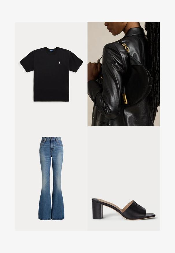 Must must lühikeste varrukatega ümara kaelusega T-särk, millel on vasakul rinnal väike valge brodeeritud Polo Ralph Laureni logo.; Kõrge vöökohaga sinised teksapüksid, mis laienevad jalge all ja mille esiküljel reie piirkonnas on kerge pleekimine, kujutatud valgel taustal.; Must have musta nahkblokkeelsed sussid avatud varbaga ja reljeefse logoga detailiga. Sile viimistlus koos stabiilsuse tagamiseks disainitud struktuuriga.; Musta nahktagi kandva inimene kannab musta poolkuukujulist käekotti kuldse kinnitusega õlal ühtlase tausta vastu.