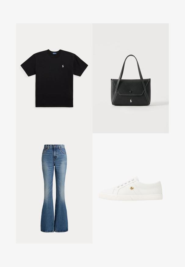 Sort T-shirt med korte ærmer og rund halsudskæring med lille hvidt broderet Polo Ralph Lauren-logo på venstre bryst.; Højtaljede blå jeans i denim med klokkeformede ben og let falmet område foran på låret, vist mod hvid baggrund.; Lauren Ralph Lauren JANSON II CANVAS SNEAKER - Sneakers - optic white; Sort læderhåndtaske med to håndtag, frontklap med knaplukning, hvide syninger og lille hestelogo på ensfarvet baggrund.