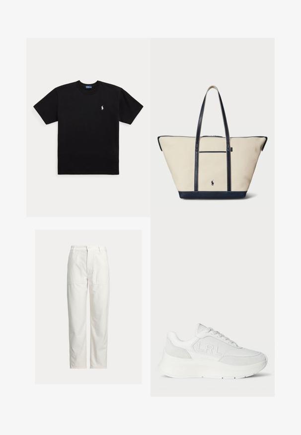 T-shirt noir à manches courtes et col rond avec petit logo brodé blanc Polo Ralph Lauren sur la poitrine gauche.; Pantalon blanc droit avec grandes poches plaquées devant, passants de ceinture et fermeture par bouton à la taille.; Lauren Ralph Lauren FRANKY SNEAKERS LOW TOP LACE - Baskets basses - snow white/bianco; Sac en toile avec des accents en cuir marine, doté de deux longues poignées, d'une poche avant et d'un petit logo au centre. Couleur beige.