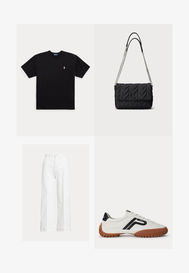 Must must lühikeste varrukatega ümara kaelusega T-särk, millel on vasakul rinnal väike valge brodeeritud Polo Ralph Laureni logo.; Valged laia lõikega puuvillased püksid, millel on kõrge vöökoht, nööpminekus ja peened kortsujooned ees.; Valged madala säärega vabaajajalatsid mustade küljeribadega, pruun tekstuuriga tallaga ja "Polo" logoga küljel ja kannaosadel.; Must tikitud käekott kalasaba mustriga, millel on must logo ja hõbedane kett-rihm, esitledes stiilset ja moodsa disainiga.