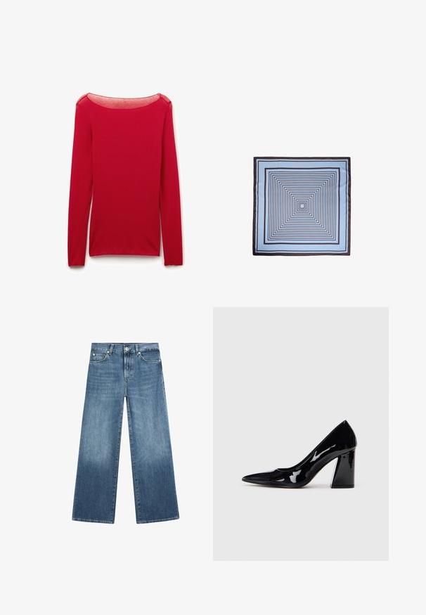 Rotes, figurbetontes Langarmtop mit transparentem rundem Ausschnitt, flach auf weißem Hintergrund präsentiert.; Blaue Jeans mit weitem Bein, Knöpfen vorne, Reißverschluss, Gürtelschlaufen sowie Vorder- und Gesäßtaschen.; Schwarzer Lackleder-High-Heel-Schuh mit spitzer Zehe und einem klobigen Absatz, der eine glatte, glänzende Textur und ein elegantes Design aufweist.; Hellblauer quadratischer Schal mit konzentrischen dunkelbraunen Linien, die ein geometrisches Muster bilden.