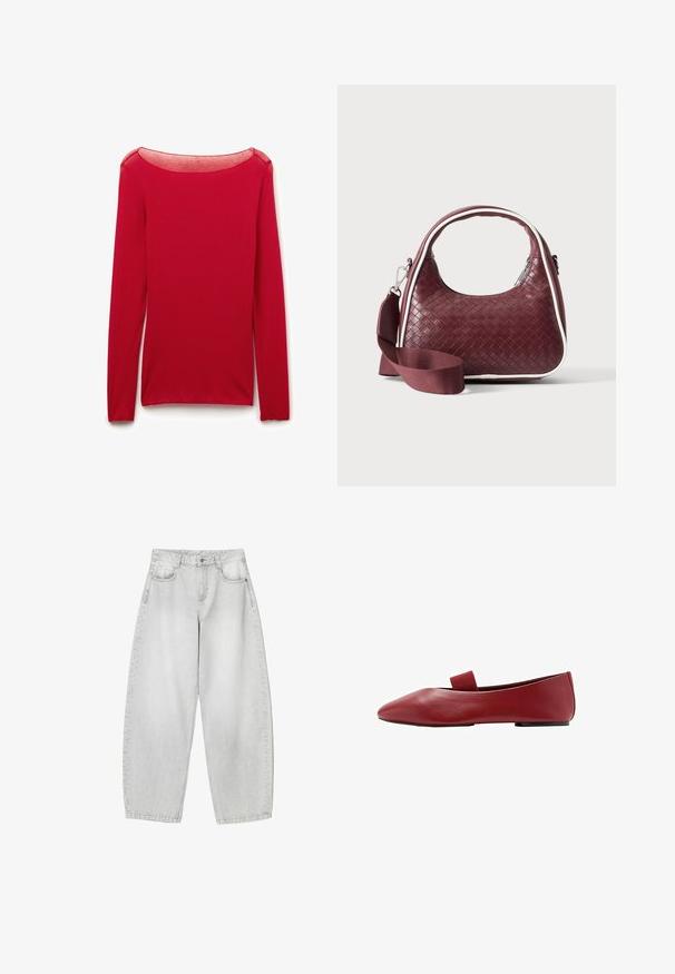 Rotes, figurbetontes Langarmtop mit transparentem rundem Ausschnitt, flach auf weißem Hintergrund präsentiert.; Helle graue weit geschnittene Jeans aus Denim, mit Fronttaschen, einem knöpfbaren Bund und einer leicht verwaschenen Optik.; Roter Lederslipper mit spitzer Zehenpartie und elastischem Riemen über dem Spann, mit einer niedrigen schwarzen Sohle.; Dunkelrote gewebte Ledertasche mit gebogenem Griff, weißem Besatz, silbernem Reißverschluss und abnehmbarem breitem Stoff-Schulterriemen vor einfarbigem Hintergrund.