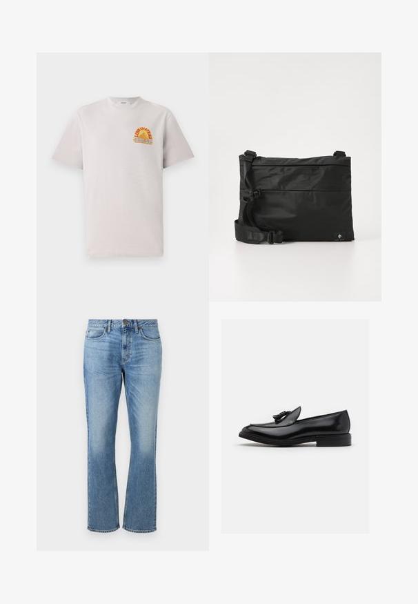 Lysegrå bomulds T-shirt med rund hals, der har et farverigt "Lone Château Replay" grafik i orange og blå på brystet.; Lyseblå denim jeans med et lige ben-design, der har forsænket knaplukning, fem lommer og slidte områder for tekstur.; ALDO PORTOS PILLOW WALK - Business loafers - black; Sort nylon messenger-taske med justerbar rem, fladt design og et sideetiket med et logo. Glat tekstur og minimalistisk stil.