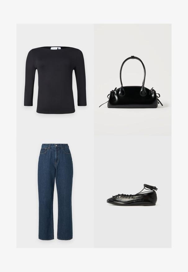 Sort langærmet top med rund halsudskæring, lavet af glat, strækbart stof. Har en tætsiddende silhuet uden synlige mønstre eller detaljer.; Blå denim jeans med høj talje, bred bendesign, synlig syning og en enkelt knaplukning fortil. Struktureret stof med en glat finish.; Sorte balletflade sko i laklæder med rundet tå, snørelukning og flad sål. Glat tekstur med få detaljer.; Lille sort blank håndtaske med to lange håndtag og snøre-detaljer i siden på en ensfarvet lys baggrund.