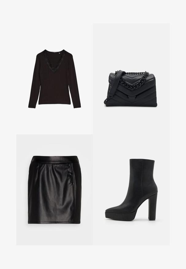 Top negro de manga larga con un escote en V profundo, adornado con un borde decorativo de encaje en el cuello. Tejido suave con un diseño ajustado.; VILA VITALLA BUTTON SKIRT - Minifalda - black/silver; Botín negro de cuero texturizado, con punta puntiaguda, plataforma gruesa y tacón alto de bloque. Superficie lisa, detalles mínimos.; Bolso de mano de cuero negro con un diseño en forma de chevron, una cadena negra como asa y un cierre magnético. Forma compacta con una superficie texturizada.