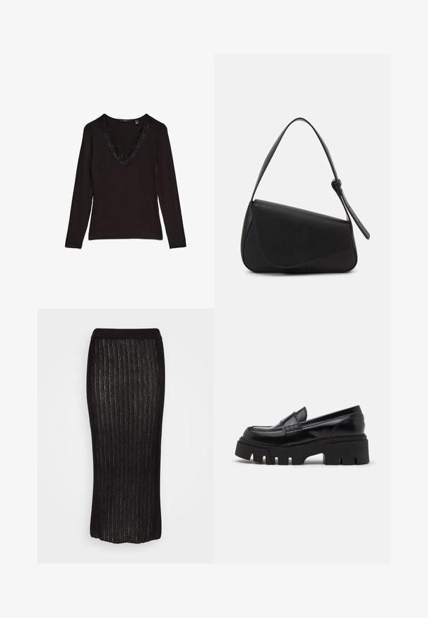 Zwarte top met lange mouwen en een diepe V-hals, met een decoratieve kantafwerking langs de kraag. Glad stof met een aansluitend ontwerp.; Weekday ADA LONG SKIRT - Kokerrok - black; Zwarte leren loafers met een chunky, gestructureerde platformzool en een decoratieve strap over de bovenkant. Gladde, glanzende afwerking.; Zwart leren handtas met een driehoekige vorm, schuine klep en een ronde handgreep. Heeft een gladde textuur en minimalistische ontwerpelementen.