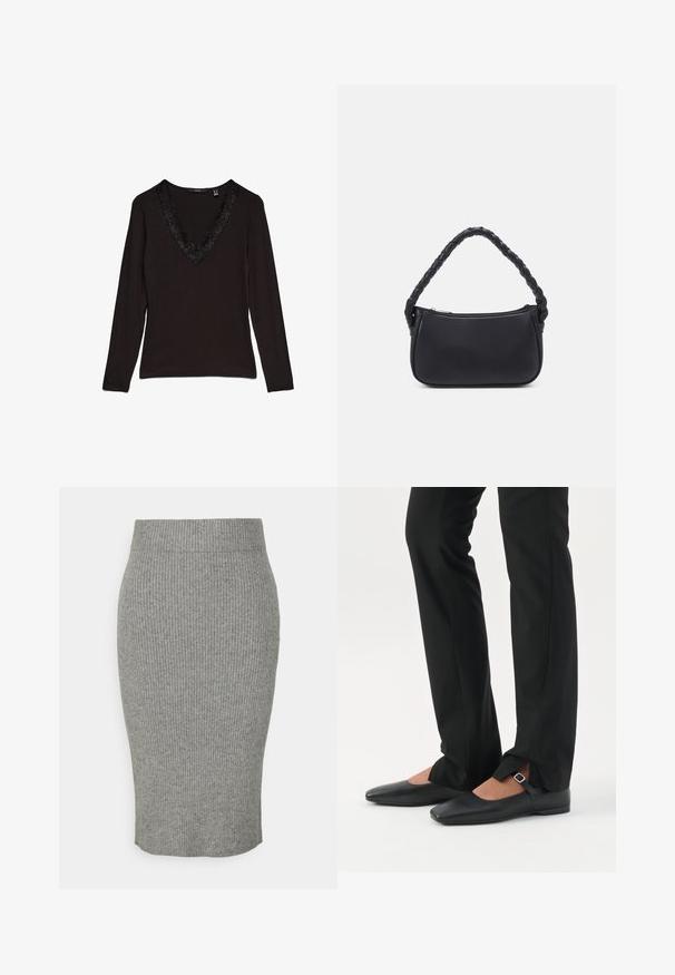 Zwarte top met lange mouwen en een diepe V-hals, met een decoratieve kantafwerking langs de kraag. Glad stof met een aansluitend ontwerp.; Grijze geribbelde gebreide kokerrok met een getailleerd silhouet, voorzien van een elastische tailleband en een zachte textuur. Middellange uitvoering.; Benen met zwarte smalle broek met voorsplitten aan de zoom, gecombineerd met zwarte platte Mary Jane-schoenen met een klein gespje.; Zwarte handtas met een ronde vorm, gemaakt van glad materiaal. Heeft een gevlochten handvat en een ritsluiting voor veilige opslag.