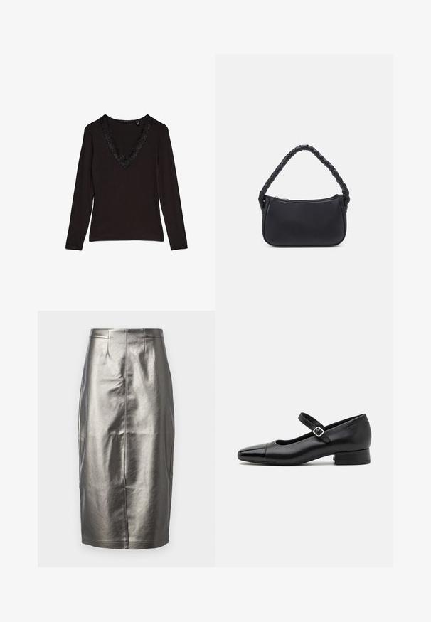 Sort langærmet top med dyb V-udskæring, prydet med dekorativ blondekant langs kraven. Glat stof med en figursyet pasform.; Metallic sølv blyantskirt i et glat, skinnende materiale. Har høj talje, slids bagpå og detaljer med midtersøm.; Sorte læder Mary Jane-sko med en patenttå, justerbar ankelrem og lav blokhæl. Glat tekstur og strømlinet design.; Sort håndtaske med en rund form, lavet af glat materiale. Har et flet håndtag og en lynlåslukning for sikker opbevaring.