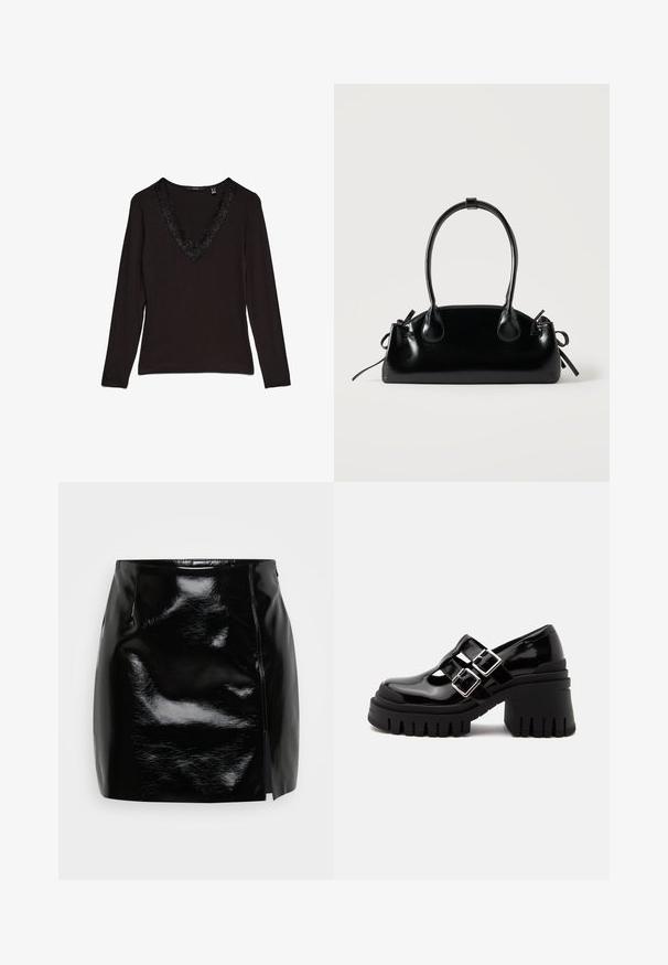Top negro de manga larga con un escote en V profundo, adornado con un borde decorativo de encaje en el cuello. Tejido suave con un diseño ajustado.; Minifalda negra hecha de material brillante. Cuenta con una cremallera lateral y una abertura en el lado derecho para un detalle y diseño adicionales. Textura suave.; Zapato negro de charol con tacón grueso, doble hebilla plateada y suela gruesa ranurada, vista lateral sobre fondo liso.; Pequeño bolso negro brillante con dos asas largas y detalles de cordón lateral sobre un fondo claro liso.