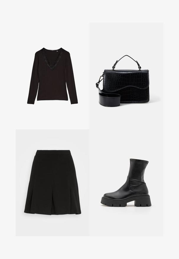 Sort langærmet top med dyb V-udskæring, prydet med dekorativ blondekant langs kraven. Glat stof med en figursyet pasform.; Even&Odd Mini skirts - black; RAID NOELIA - Plateaustøvletter - black; Sort faux læder crossover taske med et tekstureret krokodillemønster, en top-håndtag og en justerbar rem. Egenskab: buet klaplukning.