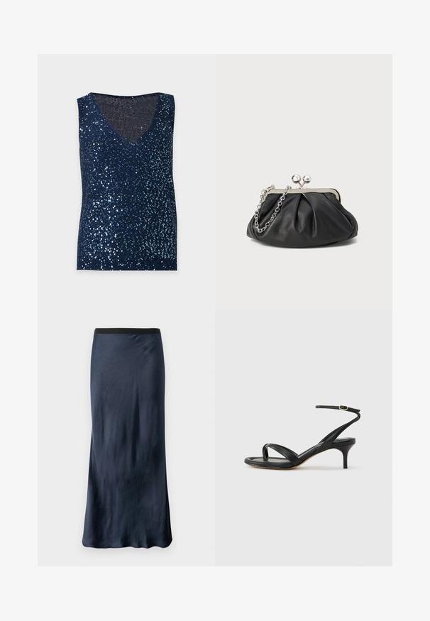 Haut sans manches bleu foncé recouvert de sequins brillants avec un décolleté en V sur un fond clair uni.; Jupe A-ligne marine en satin lisse avec une taille élastique noire. Présente un léger éclat et un design longueur sol.; Sandale pour femme en cuir noir avec fines lanières, une boucle d'orteil, une boucle à la cheville et un talon aiguille de hauteur moyenne sur un fond neutre.; Porte-monnaie en cuir noir avec texture froncée, cadre en métal argenté, fermeture à verrouillage kiss-lock et bandoulière en chaîne. Surface lisse et douce.