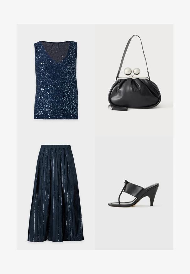 Haut sans manches bleu foncé recouvert de sequins brillants avec un décolleté en V sur un fond clair uni.; Jupe midi bleu marine avec des rayures verticales noires pailletées et une taille élastique, présentée sur un fond clair uni.; Sandale noire à talon haut avec une large bride avant et une boucle d'orteil dotée d'un détail de corde nouée, vue de profil sur fond blanc.; Sac à main en cuir noir avec un design plissé, une sangle unique, un cadre métallique argenté et deux grandes fermoirs ronds en argent.