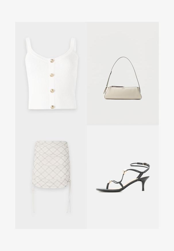 Débardeur en tricot côtelé blanc avec un décolleté en scoop et cinq boutons dorés au centre. Texture lisse avec des bretelles fines.; Jupe mini froncée en crème avec un motif à carreaux gris et beige. Caractéristiques de liens latéraux ajustables et d'un tissu lisse et texturé.; Sandale noire à fines lanières et talon moyen, ornée de perles dorées et d'une bride de cheville avec boucle sur fond blanc.; Petit sac à épaule en cuir beige avec une fine bandoulière et une fermeture éclair, orné d'un logo métallique discret au centre avant.