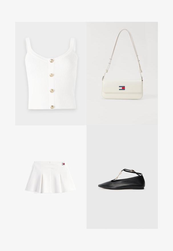 Débardeur en tricot côtelé blanc avec un décolleté en scoop et cinq boutons dorés au centre. Texture lisse avec des bretelles fines.; Jupe mini plissée blanche avec une texture lisse et une fermeture éclair sur le côté. Présente un petit logo en patch rouge, blanc et bleu sur la taille.; Ballerines noires en cuir avec un bout pointu, un design découpé, une bride à la cheville et un accent en chaîne dorée. Texture lisse, talon minimal.; Sac à épaule en simili cuir blanc avec une longue bandoulière, doté d'un rabat magnétique et d'un patch logo bleu, rouge et blanc sur le devant.