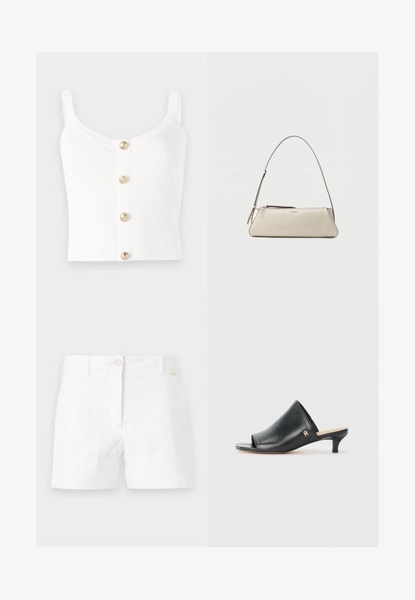 Débardeur en tricot côtelé blanc avec un décolleté en scoop et cinq boutons dorés au centre. Texture lisse avec des bretelles fines.; Shorts en coton blancs avec une coupe droite, dotés d'une fermeture à bouton sur le devant et de poches latérales. Texture lisse avec un minimum de détails.; Mules ouverts en cuir noir avec un talon bas. Présentent une surface lisse et un accent logo doré sur le côté.; Petit sac à épaule en cuir beige avec une fine bandoulière et une fermeture éclair, orné d'un logo métallique discret au centre avant.