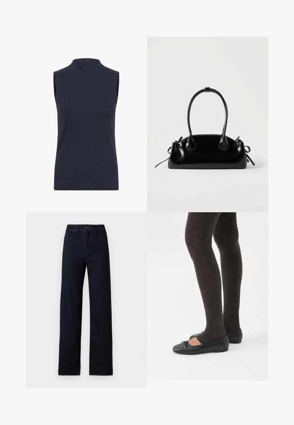 Haut sans manches en col roulé bleu marine en tissu côtelé, avec une coupe près du corps et une texture lisse. Aucuns motifs ni embellissements visibles.; Jeans en denim bleu foncé avec une coupe droite, comportant cinq poches, une fermeture à bouton sur le devant, et une texture subtile sans embellissements.; Jambes portant des leggings côtelés foncés associés à des ballerines noires avec de petits détails en nœud sur fond blanc.; Petit sac à main noir brillant avec deux longues anses et des détails à cordon sur les côtés sur un fond clair uni.