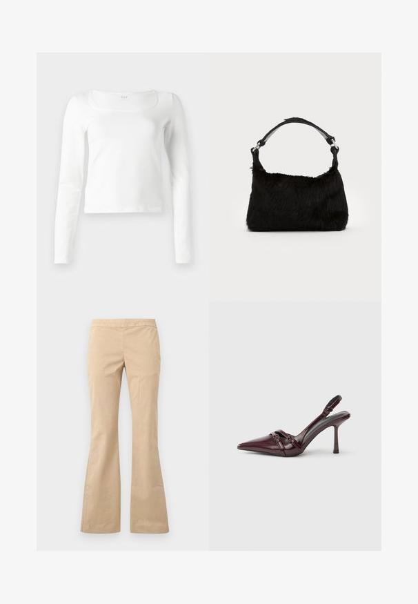 Haut ajusté à manches longues blanc avec un décolleté carré et une longueur légèrement raccourcie, présenté sur un fond blanc.; Pantalon beige à jambes larges avec devant plat et sans fermetures visibles, présenté sur un fond clair uni.; Escarpin slingback en cuir verni bordeaux avec bout pointu, fine bride à la cheville et petit détail décoratif de boucle. Texture lisse et talon haut.; Sac à main en fausse fourrure noire avec une texture douce, une forme arrondie et une bandoulière en cuir noir robuste. Accent en métal argenté visible.