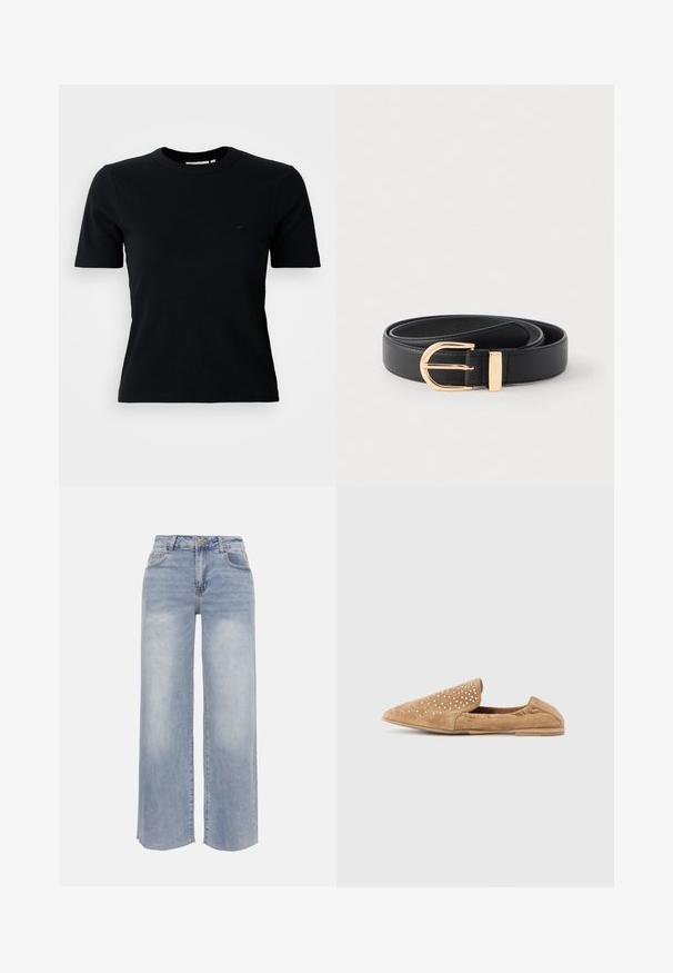 T-shirt noir à manches courtes à côtes et col rond ; arbore un logo subtil sur la poitrine ; fabriqué en tissu doux et texturé.; Jean denim bleu clair à jambes larges avec poches avant, passants pour ceinture, fermeture par bouton et détails délavés sur les cuisses et les genoux.; Chaussure à enfiler en daim beige, à bout pointu, ornée de petits clous clairs à l'avant. Texture lisse et semelle discrète.; Ceinture en cuir noir enroulée avec une boucle ronde en ton or poli et une boucle assortie sur un fond blanc.