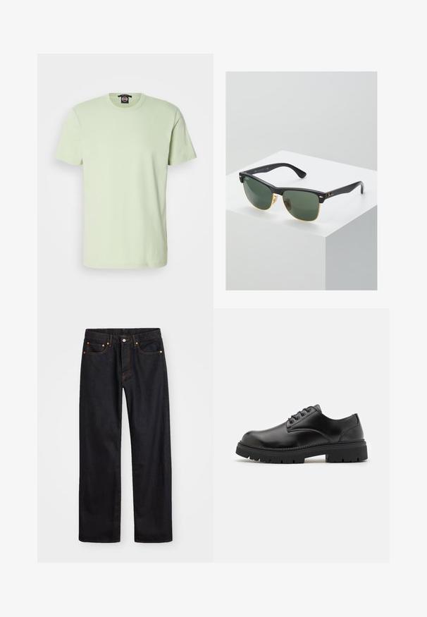 Camiseta de algodón de color verde claro con mangas cortas, cuello redondo clásico, textura suave y sin patrones ni acentos visibles.; Jeans de mezclilla negros de pierna recta para hombre, con cinco bolsillos y costuras en color naranja, cierre de botón y cremallera en la parte delantera de la cintura.; Zapatos de cuero negro con punta redondeada, diseño con cordones y una suela de goma gruesa y texturizada. Presentan costuras a lo largo del borde y un acabado suave.; Gafas de sol Ray-Ban con lentes verdes, montura de plástico negro y acentos dorados en los bordes. Forma cuadrada con acabado mate.