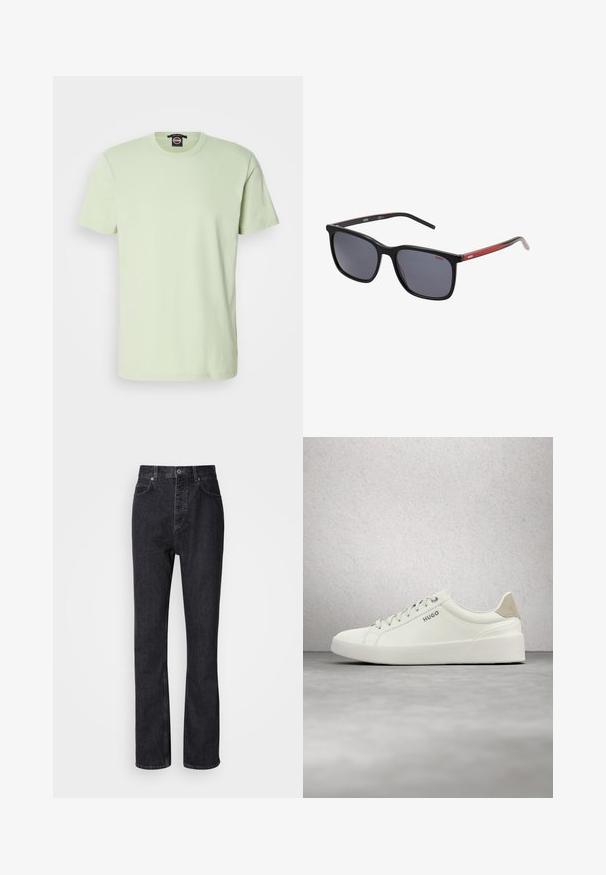 Camiseta de algodón de color verde claro con mangas cortas, cuello redondo clásico, textura suave y sin patrones ni acentos visibles.; Jeans de mezclilla negros de cintura alta con cierre de botón y cremallera, bolsillos frontales y traseros, y corte recto.; Zapatilla blanca de corte bajo con cordones y lengüeta trasera beige, con la marca "HUGO", flotando sobre un suelo de hormigón pulido cerca de una pared de bloques de vidrio.; Gafas de sol cuadradas con montura de plástico negro y lentes gris oscuro. Presenta acentos rojos en las varillas, con la marca "HUGO".