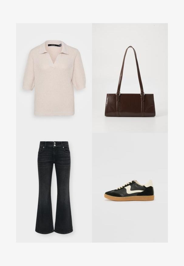 Heled beige kootud polo-sviiter lühikeste varrukatega, V-kaelusega ja tekstuurse pinnaga. Ribbiga ääre ja krae detail.; Mustad kõrge vöökohaga lehvikpüksid, topelt hõbedase nupu, esitaskute ja laiade säärtega ühtlase taustaga.; Must musta ja nahast sneakersid, millel on koorevärvi külgsuund ja hele koorik. Omab beeži paelu ja kummi kummist välistalla.; Pruun läikiv naha käekott, millel on ristkülikuline kuju, kaks pikka käepidet ja esipaneelil peened kõverad aktsendid.