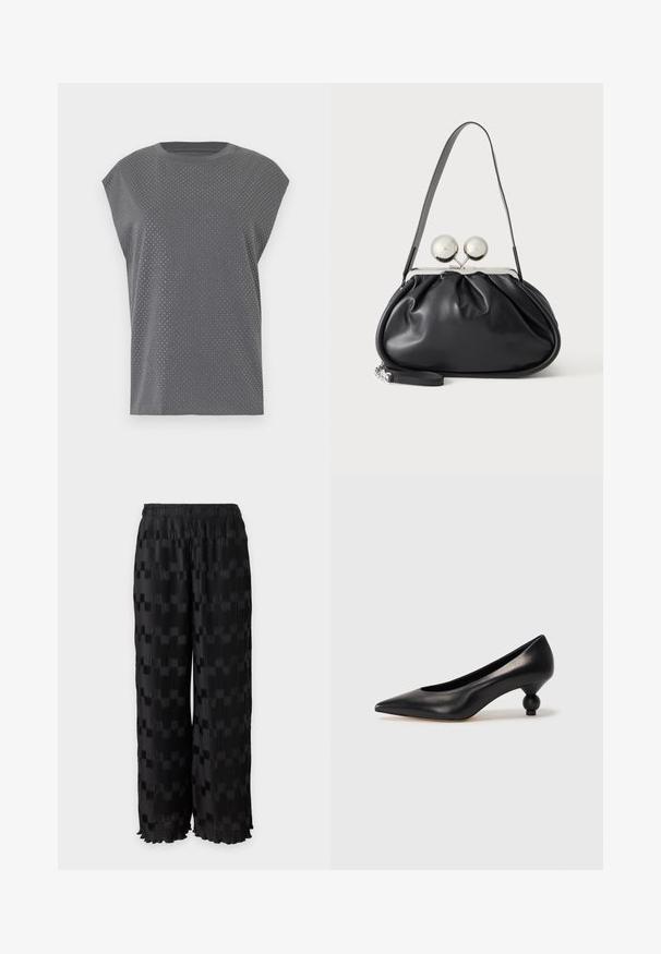 Gray short-sleeve t-shirt with a crew neck, featuring a dotted texture throughout. Made from soft fabric with a relaxed fit.; Black wide-leg pants with textured checkerboard and vertical pleats, elastic waistband, and slightly ruffled hems on a white background.; Black leather high heel shoe with a pointed toe and a round, balled heel. Smooth texture with a sleek, minimal design.; Black leather handbag with a gathered design, single strap, silver metal frame, and two large round silver clasp closures.