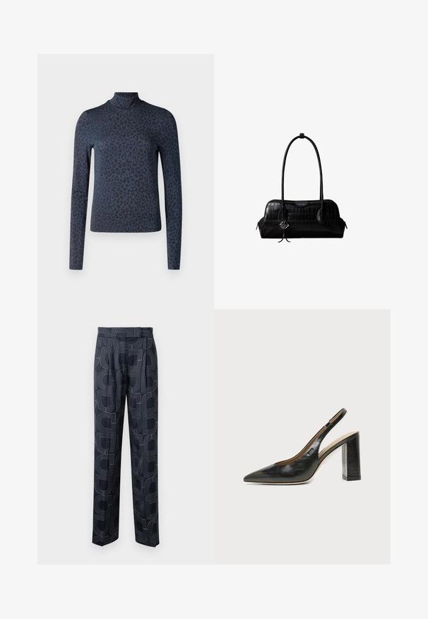 Langærmet turtleneck-top i mørkeblå med et diskret leopardmønster. Fremstillet af glat stof, med en tætsiddende silhuet.; Marine-mønstrede bukser med et geometrisk design, lavet af glat stof med en afslappet pasform og frontfolder.; Sort læder peep-toe slingback sko med høj blokhæl og beige indvendig foring mod en ensfarvet lys baggrund.; Sort skuldertaske i krokodillelæder med lange stropper og lille sølvlogo-charm på den ene strop.