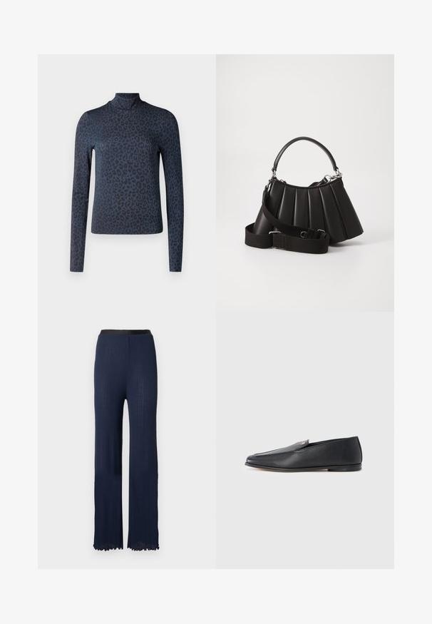 Langærmet turtleneck-top i mørkeblå med et diskret leopardmønster. Fremstillet af glat stof, med en tætsiddende silhuet.; Marineblå strikkede bukser med en vidde, der flår ud, med en glat sort talje og et struktureret ribbet mønster over det hele.; Sorte læderloafers med en glat tekstur, rundet tå og subtile syningsdetaljer. Har en guldfarvet logoaccent på oversiden.; Sort plisseret handbag med et rundet håndtag, justerbar rem og blank overflade. Har sølvfarvet hardware og en struktureret silhuet.