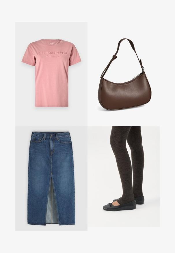 Lyserød bomulds T-shirt med rund hals og korte ærmer. Har prægede bogstaver "PEPE JEANS LONDON WEST ELEVEN" på fronten.; Blå denim midinederdel med front central slids, bæltestropper, knaplukning og fem-lomme styling.; Ben iført mørke ribbede leggings kombineret med sorte balletsko med små sløjfedetaljer på hvid baggrund.; Lille brun skuldertaske i læder med justerbar rem og lynlåslukning, vist mod hvid baggrund. Ingen synligt branding eller dekorationer.